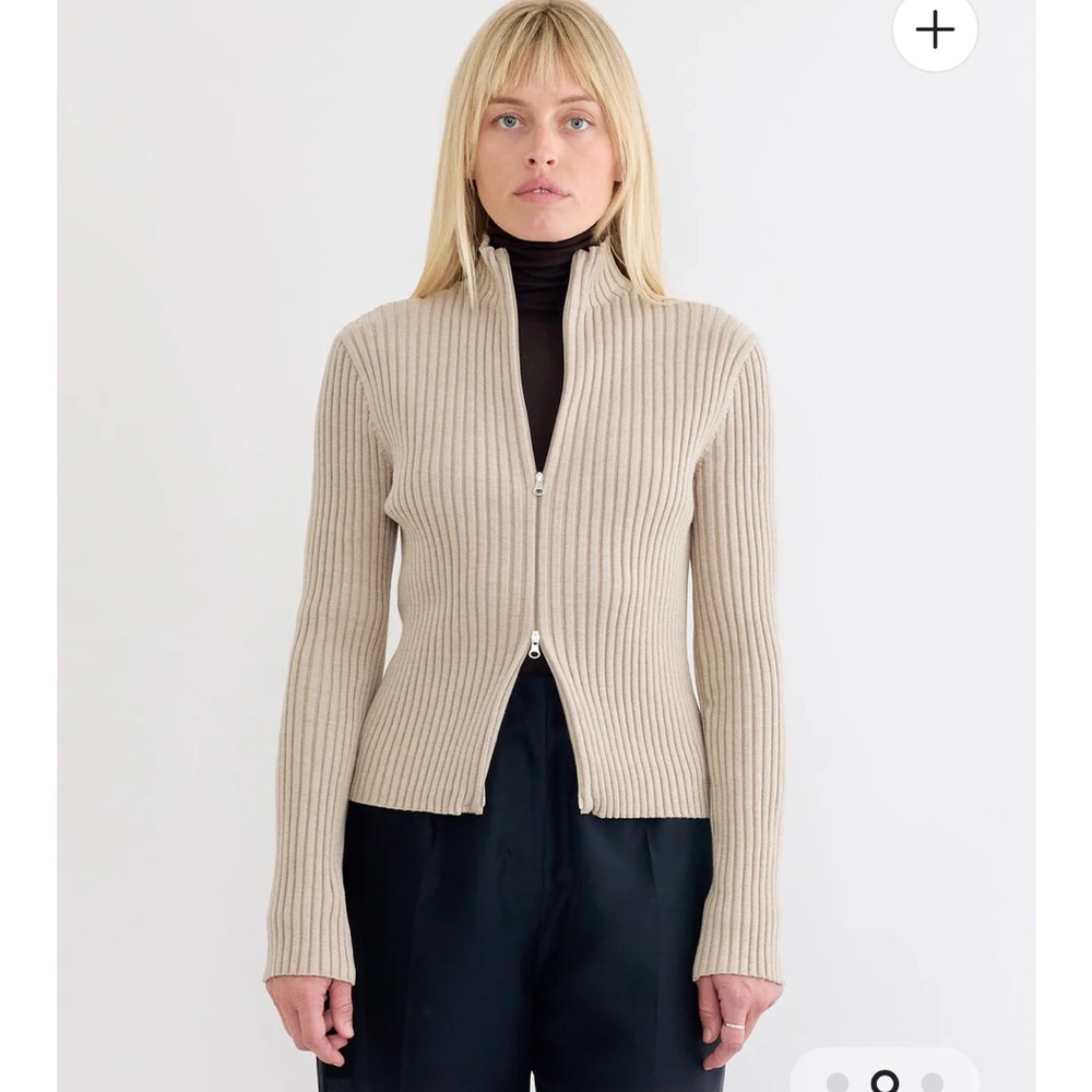 AMOMENTO Ribbed High Neck Zip Up Cotton Cardigan in Beige